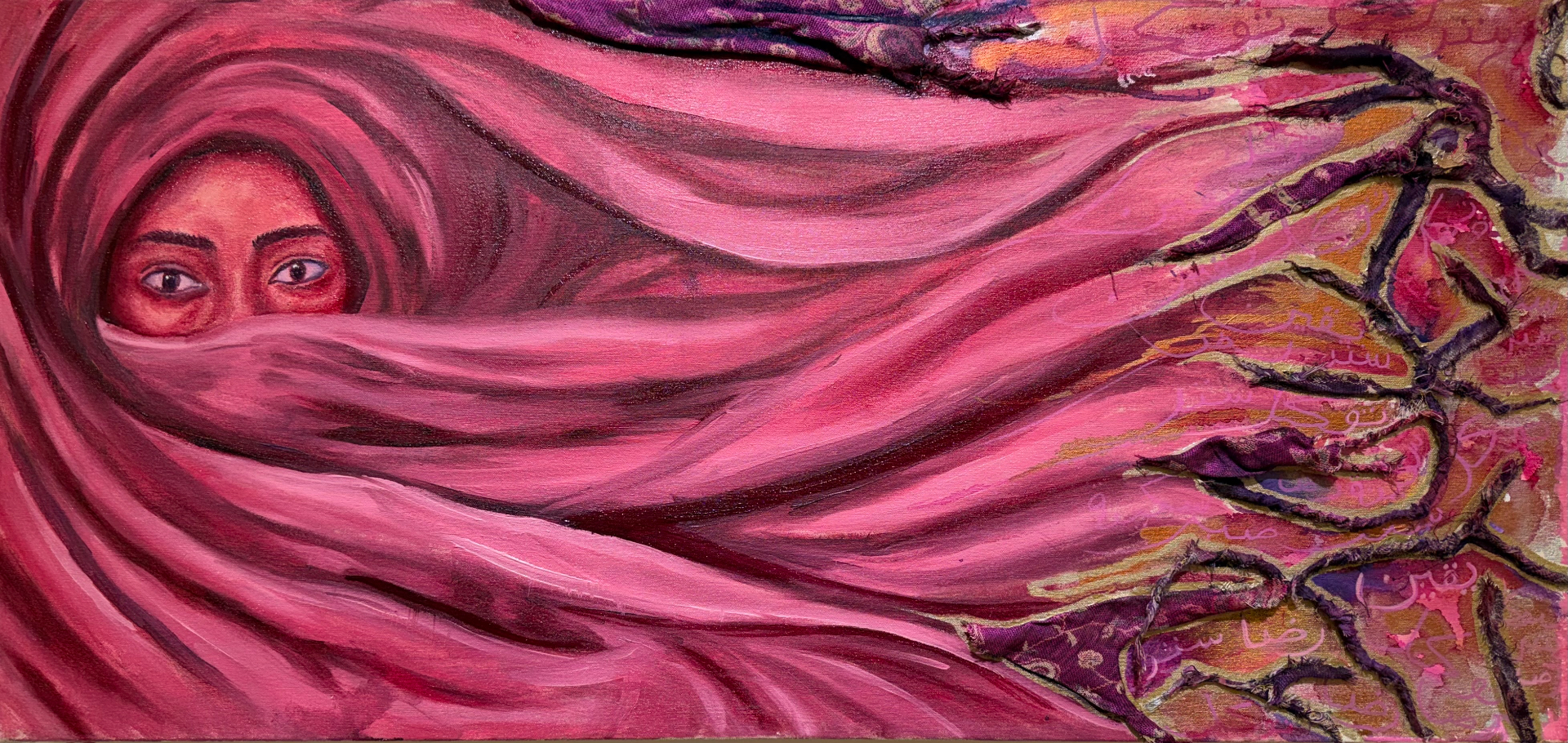 Her Power by Aminata Niang — Mixed media (oil, alcohol ink, and fabric) on canvas, 24 × 30 in