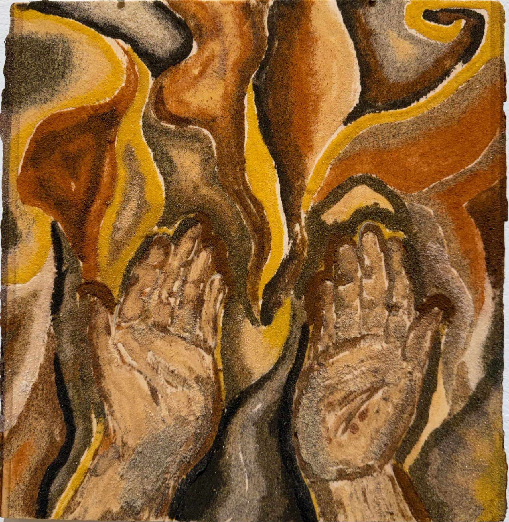 Surrender by Aminata Niang — Sand on wood, 11 × 12 in